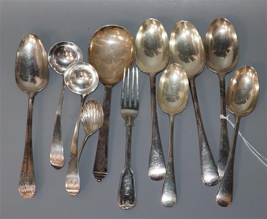 A small group of mixed silver flatware including a pair of Victorian ladles and a George Jensen & Wendel spoon, 19 oz.
